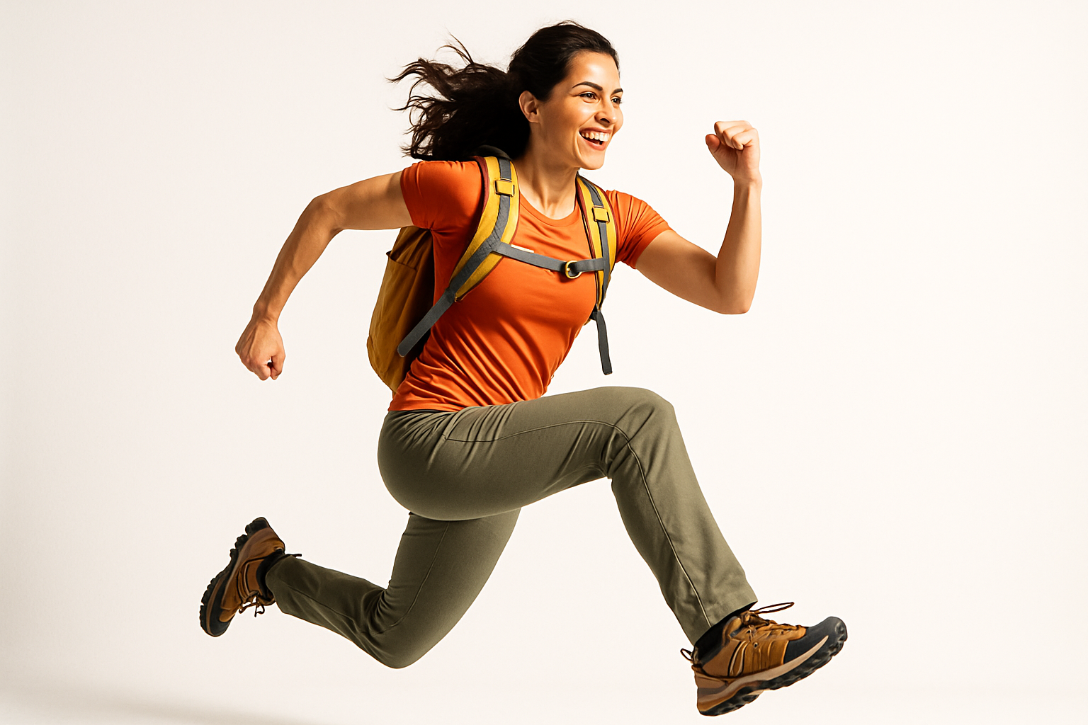 white background energetic attractive woman journey